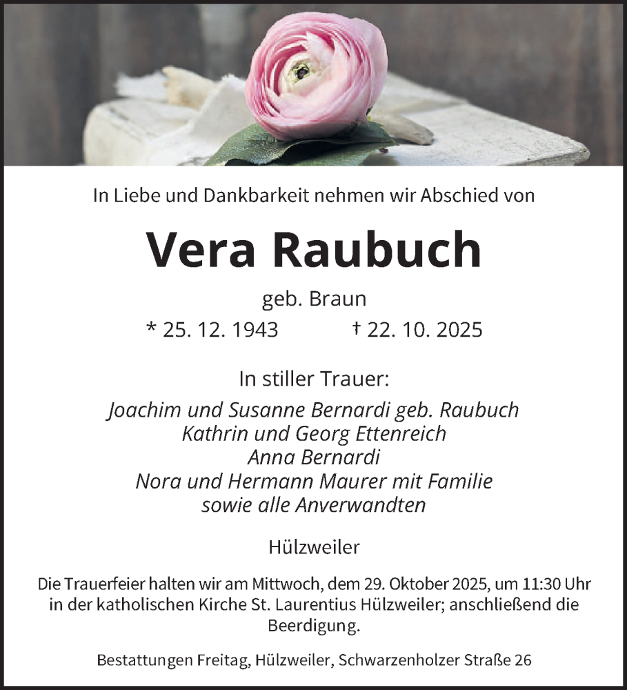  Traueranzeige für Vera Raubuch vom 25.10.2025 aus saarbruecker_zeitung
