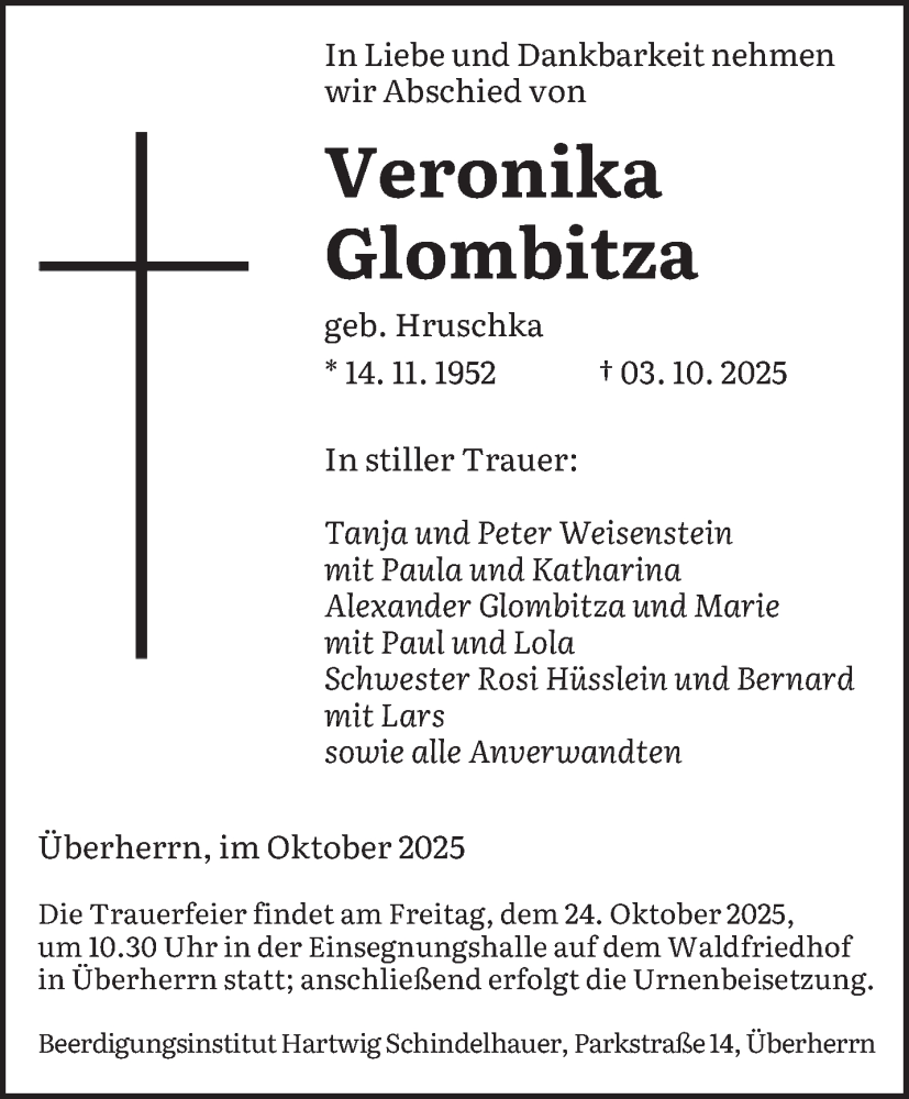  Traueranzeige für Veronika Glombitza vom 18.10.2025 aus saarbruecker_zeitung