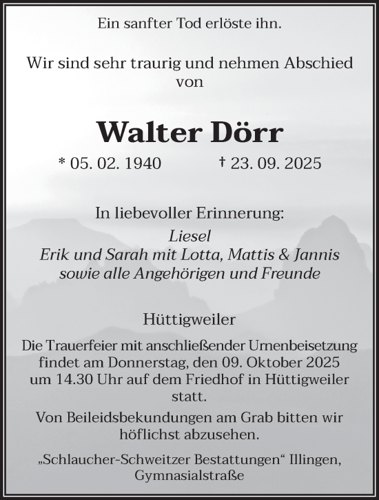 Traueranzeige von Walter Dörr von saarbruecker_zeitung