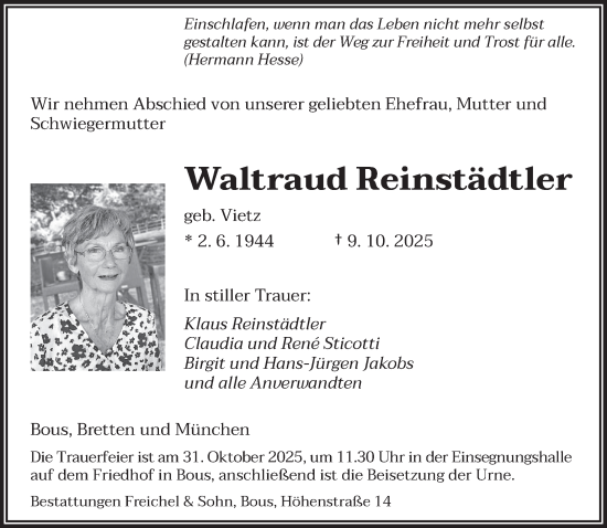 Traueranzeige von Waltraud Reinstädtler von saarbruecker_zeitung