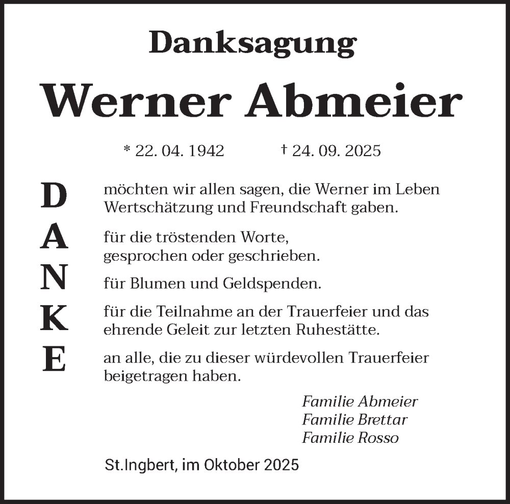  Traueranzeige für Werner Abmeier vom 18.10.2025 aus saarbruecker_zeitung