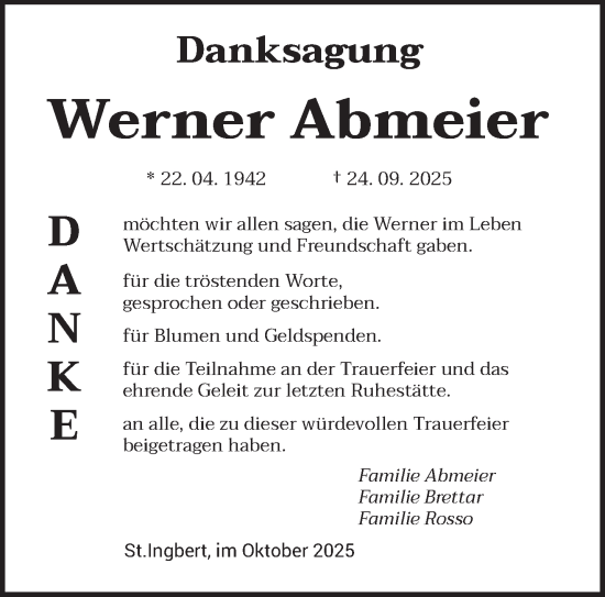 Traueranzeige von Werner Abmeier von saarbruecker_zeitung