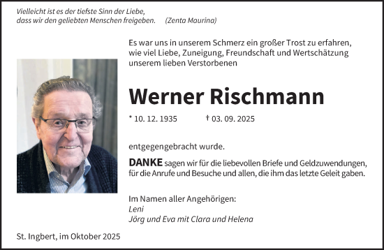 Traueranzeige von Werner Rischmann von saarbruecker_zeitung