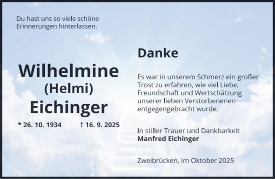 Traueranzeige von Wilhelmine Eichinger von saarbruecker_zeitung