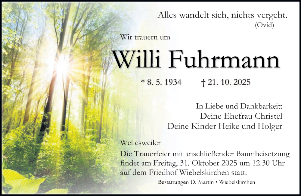  Traueranzeige für Willi Fuhrmann vom 29.10.2025 aus saarbruecker_zeitung