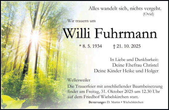 Traueranzeige von Willi Fuhrmann von saarbruecker_zeitung