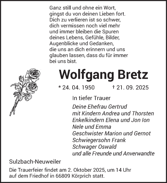 Traueranzeige von Wolfgang Bretz von saarbruecker_zeitung