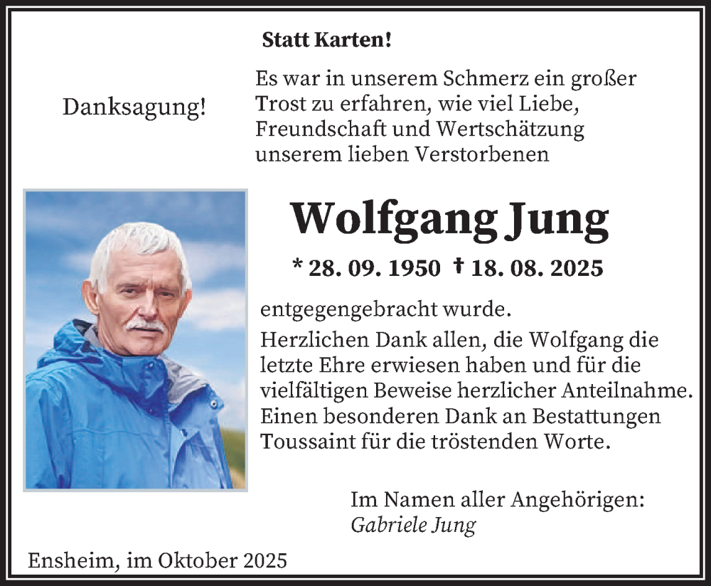  Traueranzeige für Wolfgang Jung vom 11.10.2025 aus saarbruecker_zeitung