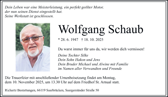 Traueranzeige von Wolfgang Schaub von saarbruecker_zeitung