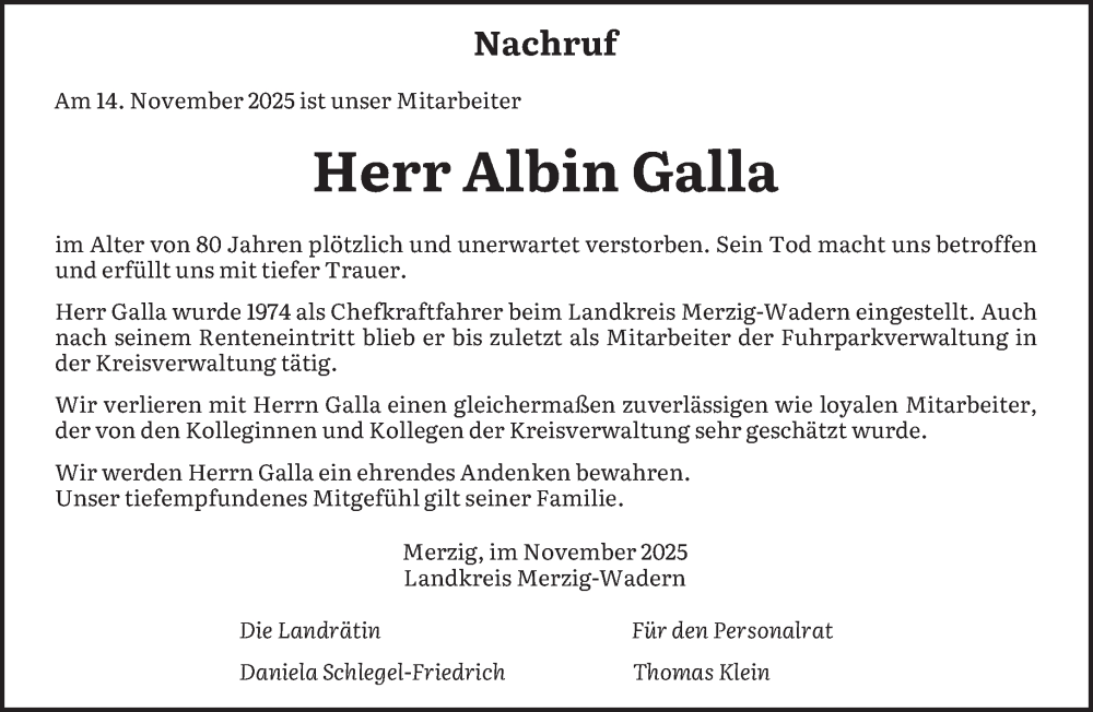 Traueranzeige für Albin Galla vom 25.11.2025 aus saarbruecker_zeitung