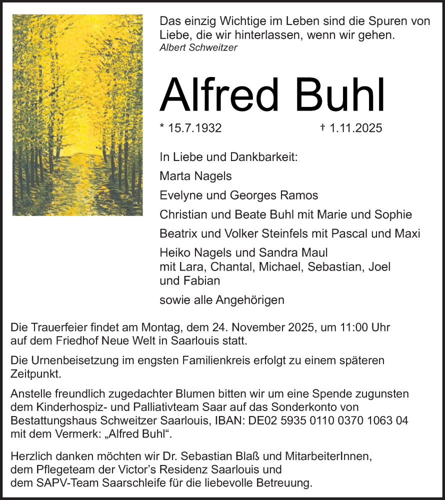  Traueranzeige für Alfred Buhl vom 15.11.2025 aus saarbruecker_zeitung