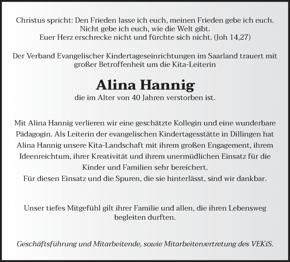  Traueranzeige für Alina Hannig vom 08.11.2025 aus saarbruecker_zeitung