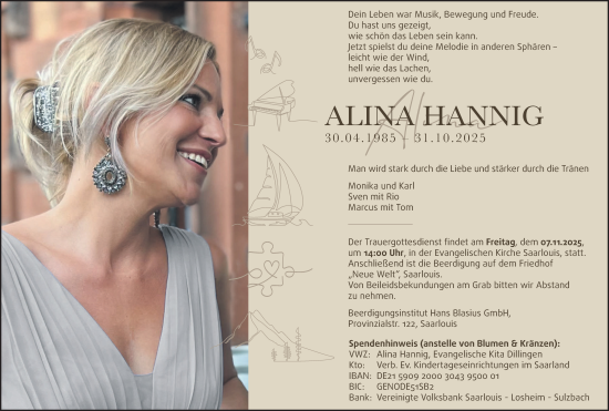 Traueranzeige von Alina Hannig von saarbruecker_zeitung
