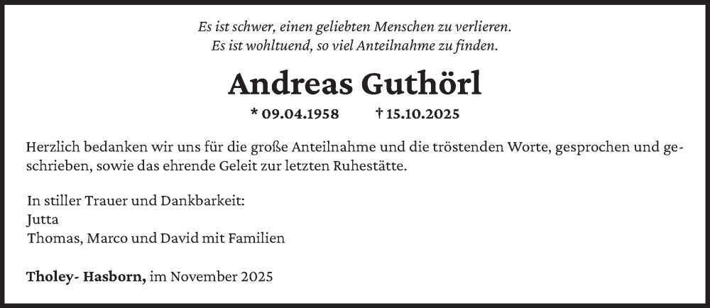  Traueranzeige für Andreas Guthörl vom 22.11.2025 aus saarbruecker_zeitung