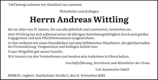Traueranzeige von Andreas Wittling von saarbruecker_zeitung