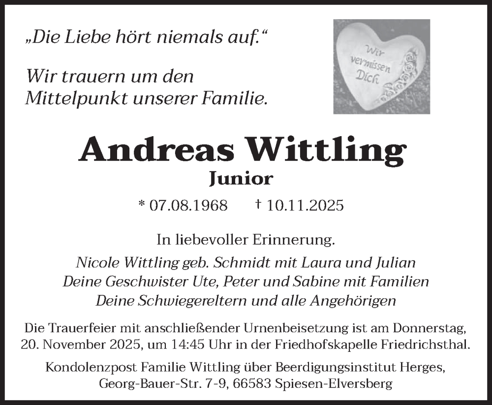  Traueranzeige für Andreas Wittling vom 15.11.2025 aus saarbruecker_zeitung