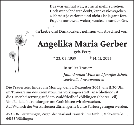 Traueranzeige von Angelika Maria Gerber von saarbruecker_zeitung