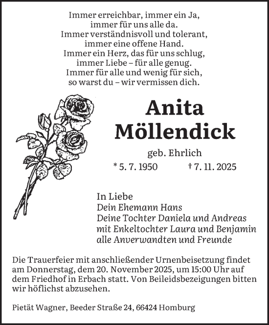 Traueranzeige von Anita Möllendick von saarbruecker_zeitung