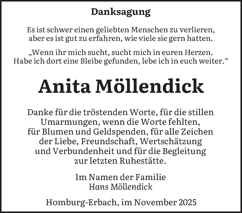  Traueranzeige für Anita Möllendick vom 29.11.2025 aus saarbruecker_zeitung