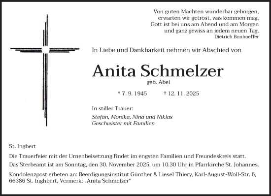 Traueranzeige von Anita Schmelzer von saarbruecker_zeitung