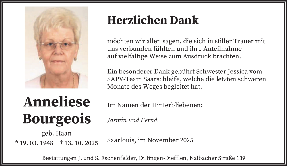  Traueranzeige für Anneliese Bourgeois vom 08.11.2025 aus saarbruecker_zeitung