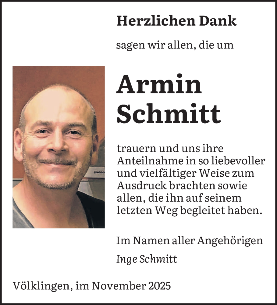 Traueranzeige für Armin Schmitt vom 15.11.2025 aus saarbruecker_zeitung