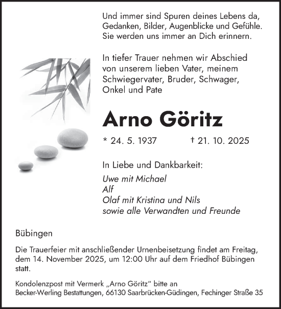 Traueranzeige von Arno Göritz von saarbruecker_zeitung