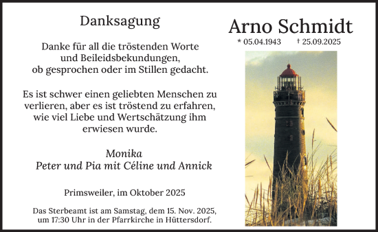 Traueranzeige von Arno Schmidt von saarbruecker_zeitung