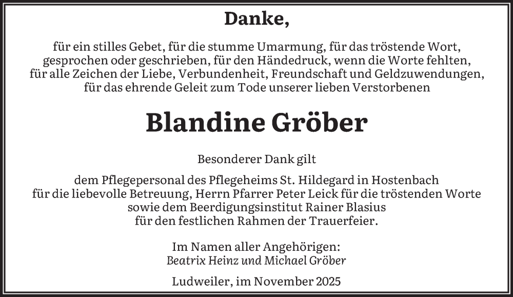  Traueranzeige für Blandine Gröber vom 15.11.2025 aus saarbruecker_zeitung