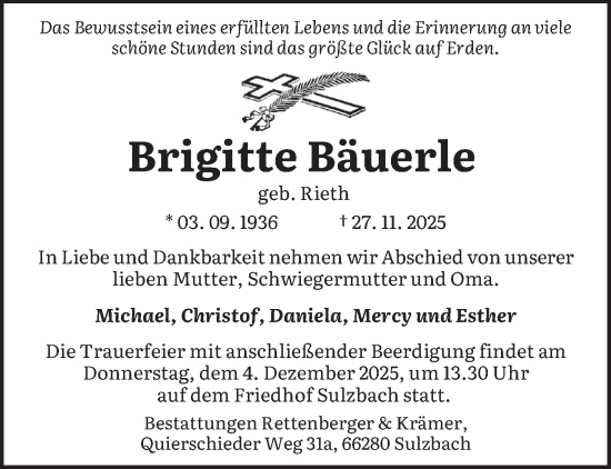 Traueranzeige von Brigitte Bäuerle von saarbruecker_zeitung
