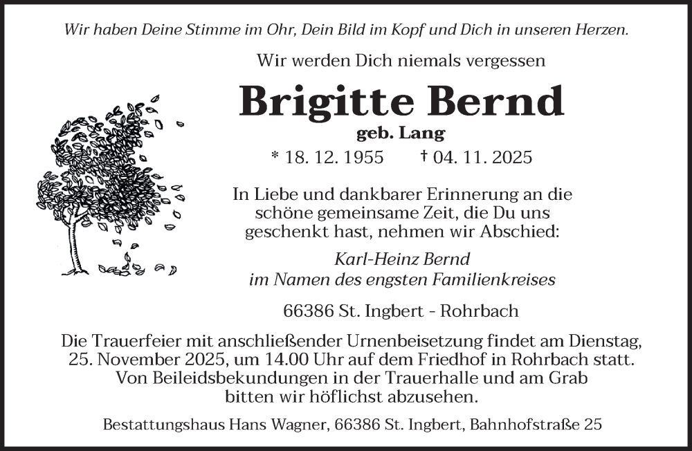  Traueranzeige für Brigitte Bernd vom 19.11.2025 aus saarbruecker_zeitung