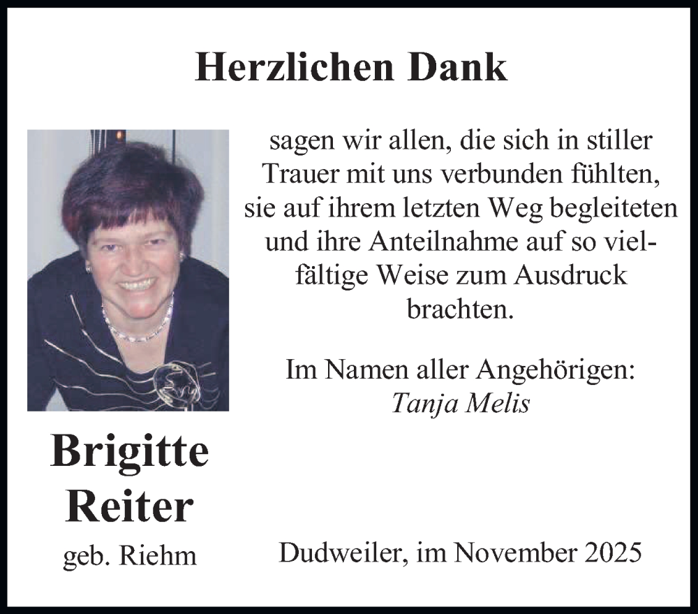  Traueranzeige für Brigitte Reiter vom 29.11.2025 aus saarbruecker_zeitung