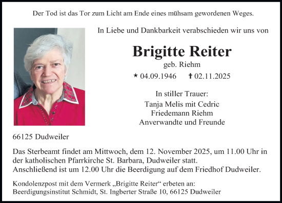Traueranzeige von Brigitte Reiter von saarbruecker_zeitung