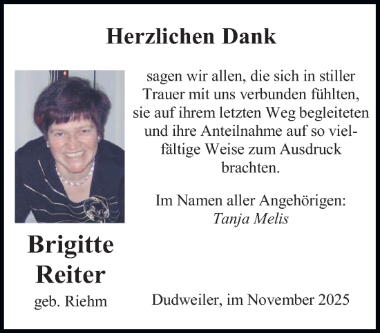 Traueranzeige von Brigitte Reiter von saarbruecker_zeitung