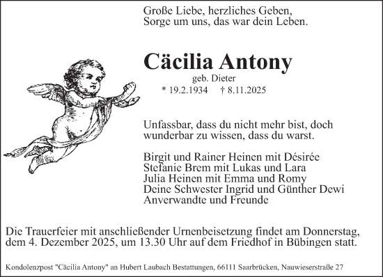 Traueranzeige von Cäcilia Antony von saarbruecker_zeitung