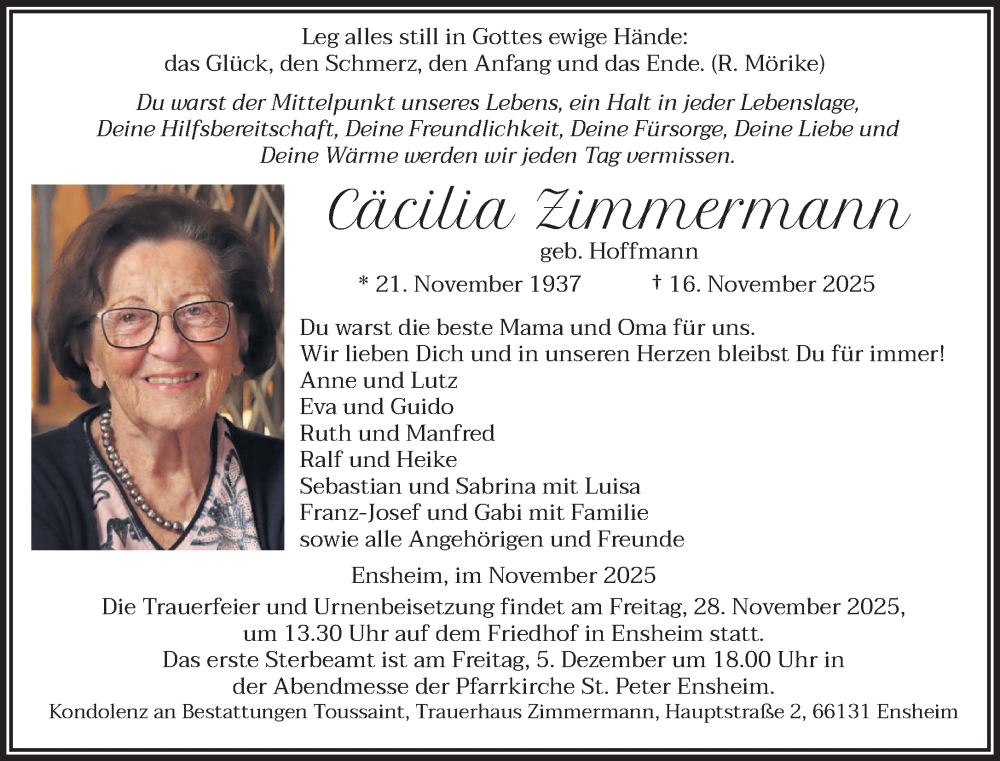  Traueranzeige für Cäcilia Zimmermann vom 22.11.2025 aus saarbruecker_zeitung
