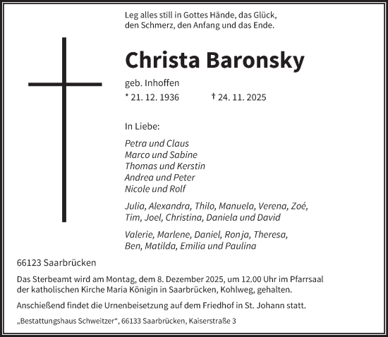 Traueranzeige von Christa Baronsky von saarbruecker_zeitung
