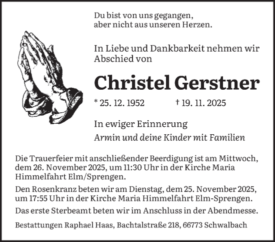Traueranzeige von Christel Gerstner von saarbruecker_zeitung