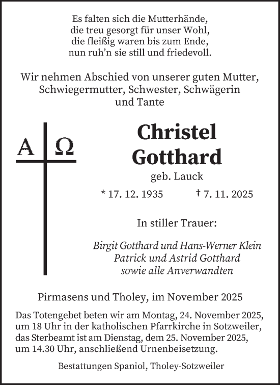 Traueranzeige von Christel Gotthard von saarbruecker_zeitung