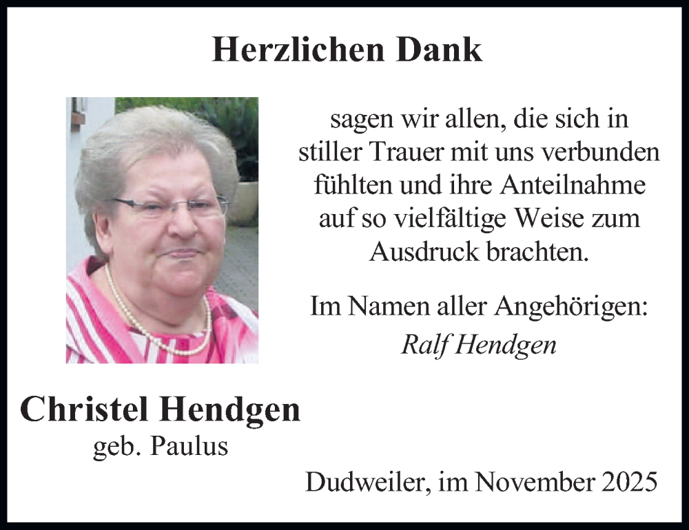  Traueranzeige für Christel Hendgen vom 15.11.2025 aus saarbruecker_zeitung
