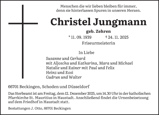 Traueranzeige von Christel Jungmann von saarbruecker_zeitung