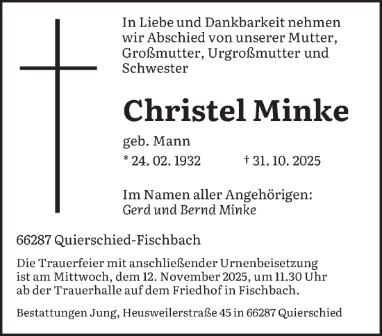 Traueranzeige von Christel Minke von saarbruecker_zeitung