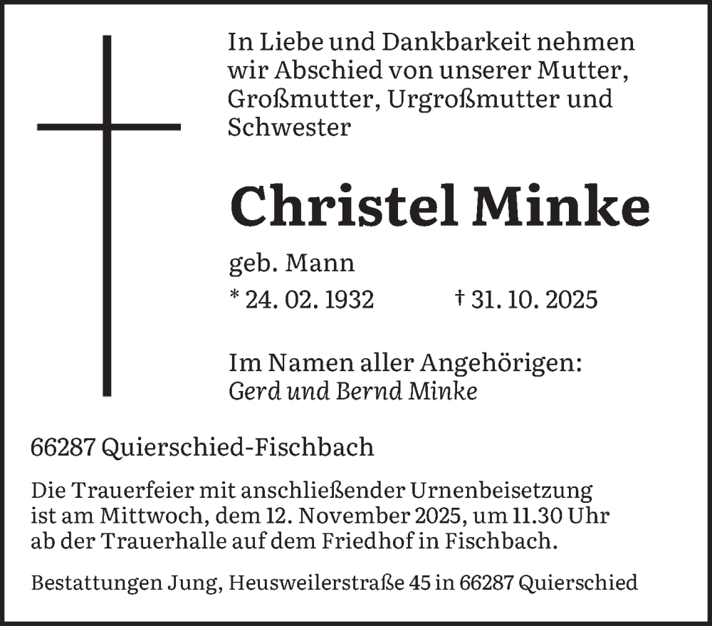  Traueranzeige für Christel Minke vom 08.11.2025 aus saarbruecker_zeitung