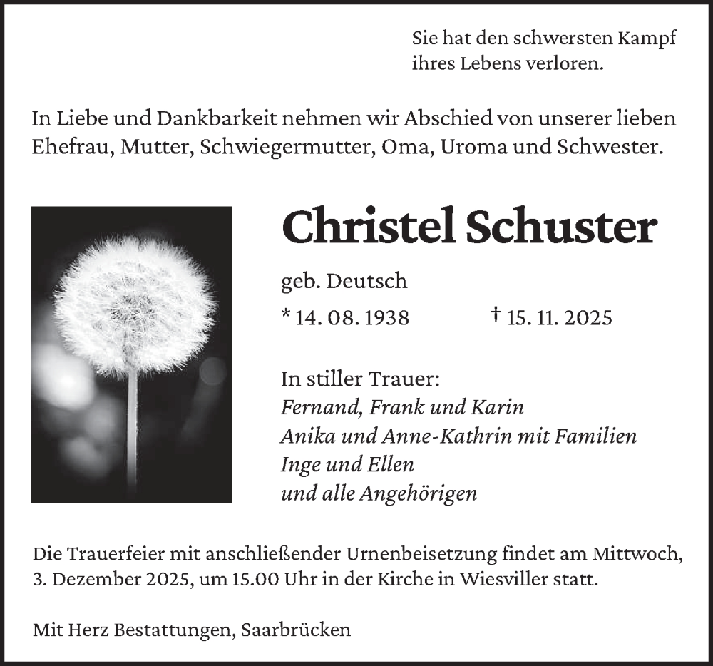  Traueranzeige für Christel Schuster vom 22.11.2025 aus saarbruecker_zeitung