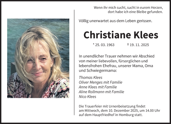 Traueranzeige von Christiane Klees von saarbruecker_zeitung