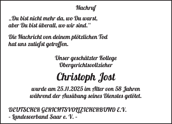 Traueranzeige von Christoph Jost von saarbruecker_zeitung