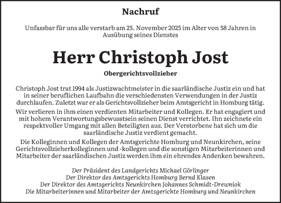 Traueranzeige von Christoph Jost von saarbruecker_zeitung