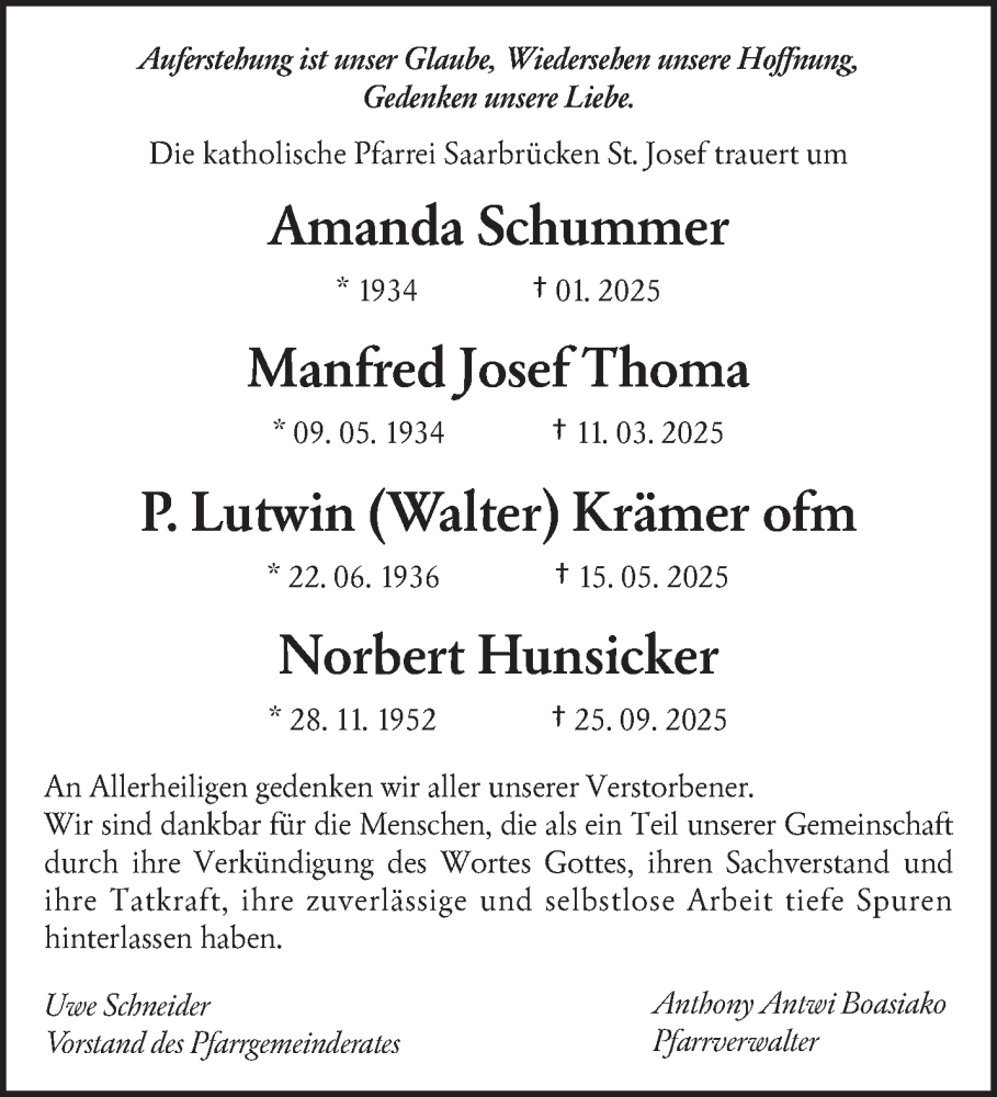  Traueranzeige für Die katholische Pfarrei Saarbrücken St. Josef trauert  vom 04.11.2025 aus saarbruecker_zeitung
