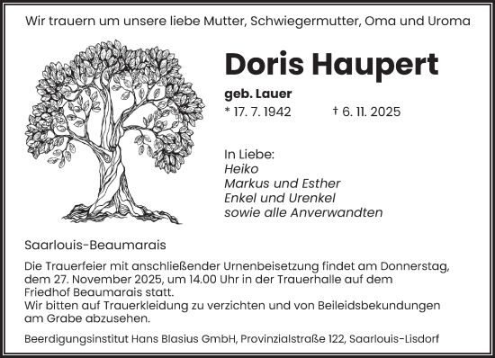 Traueranzeige von Doris Haupert von saarbruecker_zeitung