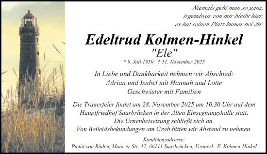 Traueranzeige von Edeltrud Kolmen-Hinkel von saarbruecker_zeitung